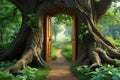A tree with a door leading into a green forest Royalty Free Stock Photo