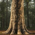 Massive tree trunk with textured, rugged bark, features prominently in a dense forest Royalty Free Stock Photo
