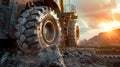 A massive truck, kicking up dust and gravel, rumbles down a rugged dirt road on a mission through the construction site