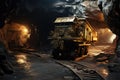 A massive truck plows through a tunnel obstructed with rocks on its way to its destination, underground mining tunne, AI Generated