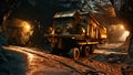 A massive truck plows through a tunnel obstructed with rocks on its way to its destination, underground mining tunne, AI Generated