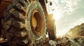 A massive truck with rugged tires navigating a rough dirt road on a construction site