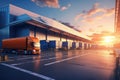 A massive truck sits parked in front of a towering building, creating a striking visual contrast, Realistic rendering of a Royalty Free Stock Photo