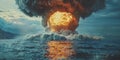 A massive underwater explosion erupts from the ocean floor, creating a giant plume of water and Royalty Free Stock Photo