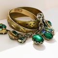 Massive vintage gold bracelets, statement gold and emerald green jewelry