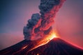Massive volcanic eruption. Boiling lava flows from the crater. Smoke rises from the volcano. A natural phenomenon. AI