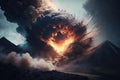 volcanic eruption. Boiling lava flows from the crater. Smoke rises from the volcano. A natural phenomenon created with