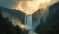 Massive waterfall flows between green mountain cliffs. Golden sunlight breaks through dramatic clouds, creating misty haze in Royalty Free Stock Photo