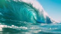 A massive wave breaks forcefully, creating a dramatic display of power and energy in the ocean, Barrel wave breaking on a sunny