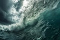 A massive wave crashes forcefully in the middle of the vast ocean, creating a powerful spectacle, Underwater view of a tempest