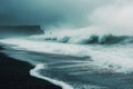 A massive wave crashes forcefully onto the sandy shore of a beach, creating a spectacular display of water meeting land, A