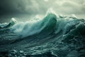 A massive wave crashes forcefully into the turbulent ocean under gloomy clouds, creating a dramatic, dynamic scene, The