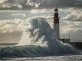 Massive wave crashes into the lighthouse