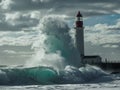 Massive wave crashes into the lighthouse