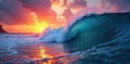 Massive wave crashes on shore, vibrant sunset, wave, huge, landscape Royalty Free Stock Photo