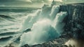 A massive wave creates a dramatic scene as it crashes forcefully against the rugged rocks of a cliff, Enormous wave pounding on a