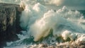 A massive wave forcefully collides with a jagged rocky cliff, creating a dramatic display of natures raw power, Enormous wave