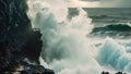 A massive wave forcefully collides with a rugged cliff, creating a dramatic display of natures raw power, Enormous wave pounding