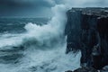 A massive wave forcefully collides with a rugged cliff, creating a dramatic and intense display of natural powe