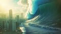 A massive wave forcefully crashes over a city located on the ocean, creating a dramatic scene, An economic tsunami towered over a