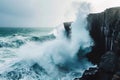 A massive wave with incredible force crashes forcefully against a rugged cliff, sending a spray of water into the air, The fury of