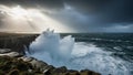 Powerful ocean waves crashing against rugged cliffs under dramatic stormy skies with sunbeams Royalty Free Stock Photo