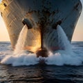 Massive rusty cargo ship bow ejecting water from its side scuppers while navigating rough dark ocean waters during sunset Royalty Free Stock Photo