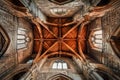 massive wooden beams beneath the vaulted ceilings of an ancient cathedral. Close up