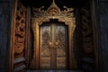 a massive wooden door, with intricate carvings and gold inlay, that leads to the heavens