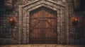 A massive wooden door, studded with iron, leading to the heart of a medieval fortress atop a rugged hill Royalty Free Stock Photo