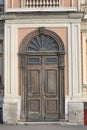 Massive wooden entrance door to the Teplov mansion. Close-up