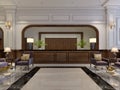 Massive wooden reception desk in the elegant interior of a luxury hotel