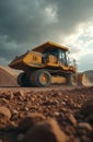 Massive yellow wheeled earthmover operates daily at rugged open pit mining site. Powerful heavy construction machine tirelessly Royalty Free Stock Photo