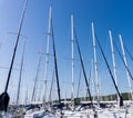 Mast against a blue sky, ship mast, marina in European city, the