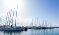 Mast against a blue sky, ship mast, marina in European city, the