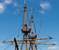 Mast of old sailing ship with rigging and lookout