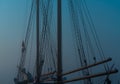 Rigging on an vintage wooden sailboat in the morning fog. Royalty Free Stock Photo