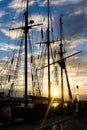Mast and rope sailboat vessel on sky sunset background