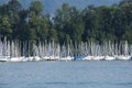 Mast and sailboat and runabouts in Lake Lucerne in Switzerland with a background of a forest in the day time.