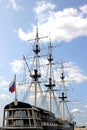 Mast sailing ship and a Russian flag Royalty Free Stock Photo