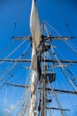 The mast and sails of the Etoile du Roy, a corsair frigate docked in Saint Malo, Brittany, France