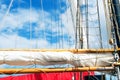 Mast, sails and shroud of a tall ship. Rigging detail. Royalty Free Stock Photo