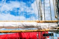 Mast, sails and shroud of a tall ship. Rigging detail. Royalty Free Stock Photo