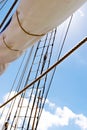 Mast, sails and shroud of a tall ship. Rigging detail. Royalty Free Stock Photo