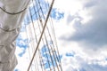 Mast, sails and shroud of a tall ship. Rigging detail. Royalty Free Stock Photo