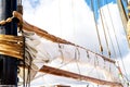 Mast, sails and shroud of a tall ship. Rigging detail. Royalty Free Stock Photo