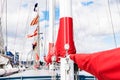 Mast, sails and shroud of a tall ship. Rigging detail. Royalty Free Stock Photo