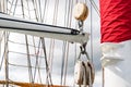 Mast, sails and shroud of a tall ship. Rigging detail. Royalty Free Stock Photo