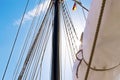 Mast, sails and shroud of a tall ship. Rigging detail. Royalty Free Stock Photo