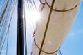 Mast, sails and shroud of a tall ship. Rigging detail. Royalty Free Stock Photo